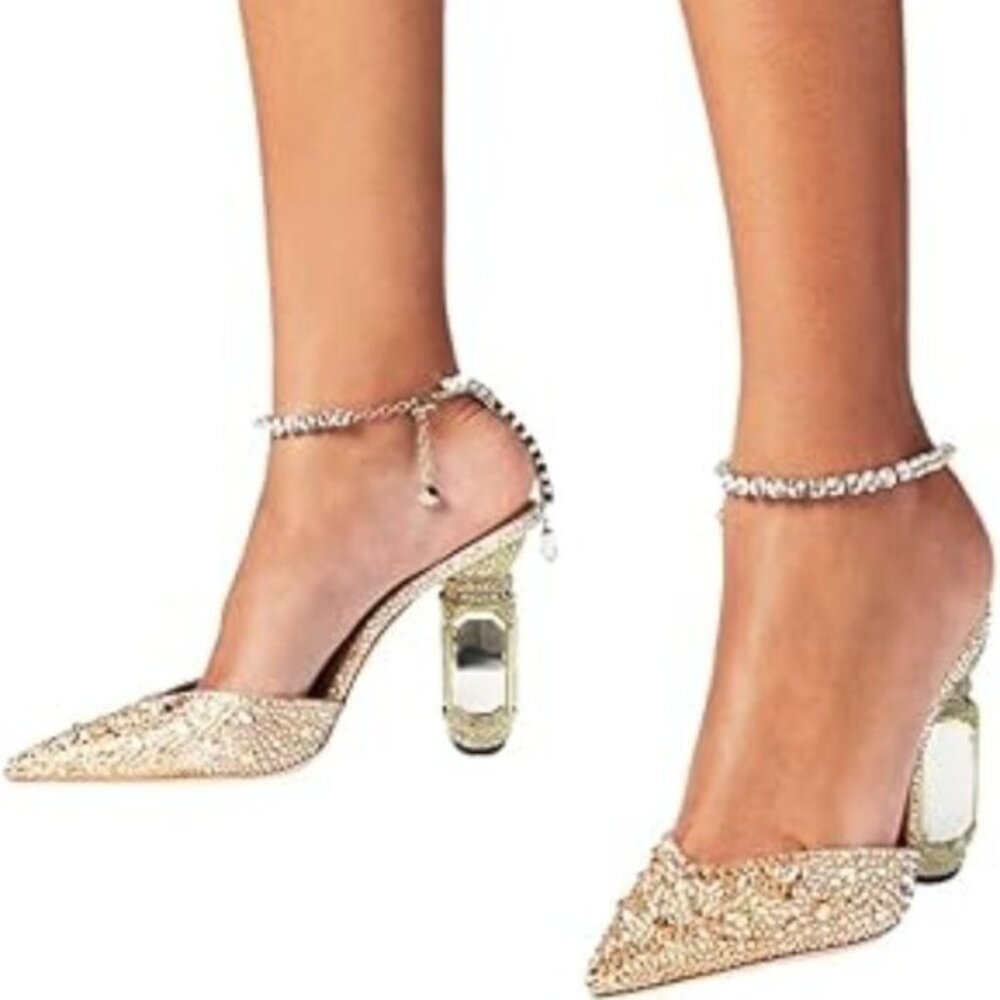 FSJ Women Bridal Heeled Sandals Pointy Toe Crystal Chain Ankle Strap Pumps Gold